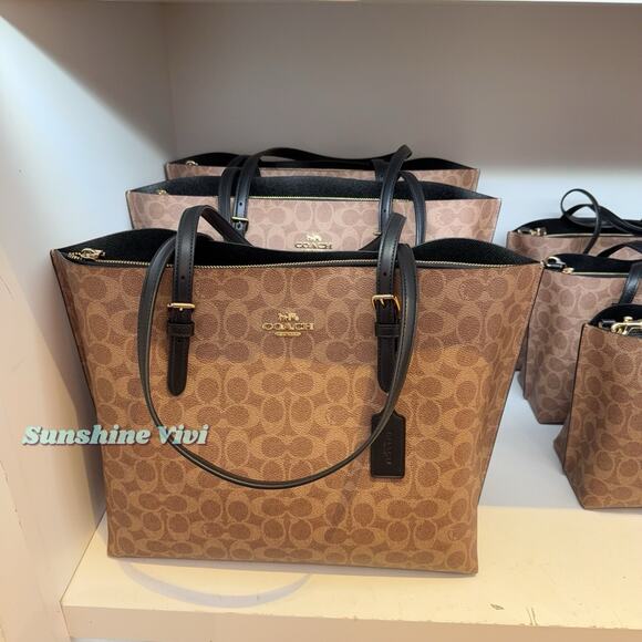 NWT COACH Mollie Tote Large Size In Signature Canvas CV967 Gold/Tan/Black - Picture 1 of 8
